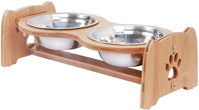 X-ZONE PET Raised Pet Bowls for Cats and Dogs, Adjustable Bamboo Elevated Dog Cat Food and Water Bowls Stand Feeder with 2 Stainless Steel Bowls and Anti Slip Feet (Height 4")