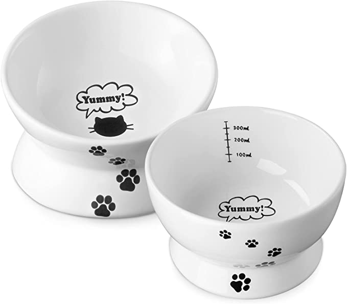 Y YHY Raised Cat Food and Water Bowl Set, Tilted Elevated Cat Food Bowls No Spill, Ceramic Cat Food Feeder Bowl Collection, Pet Bowl for Flat-Faced Cats and Small Dogs, Set of 2