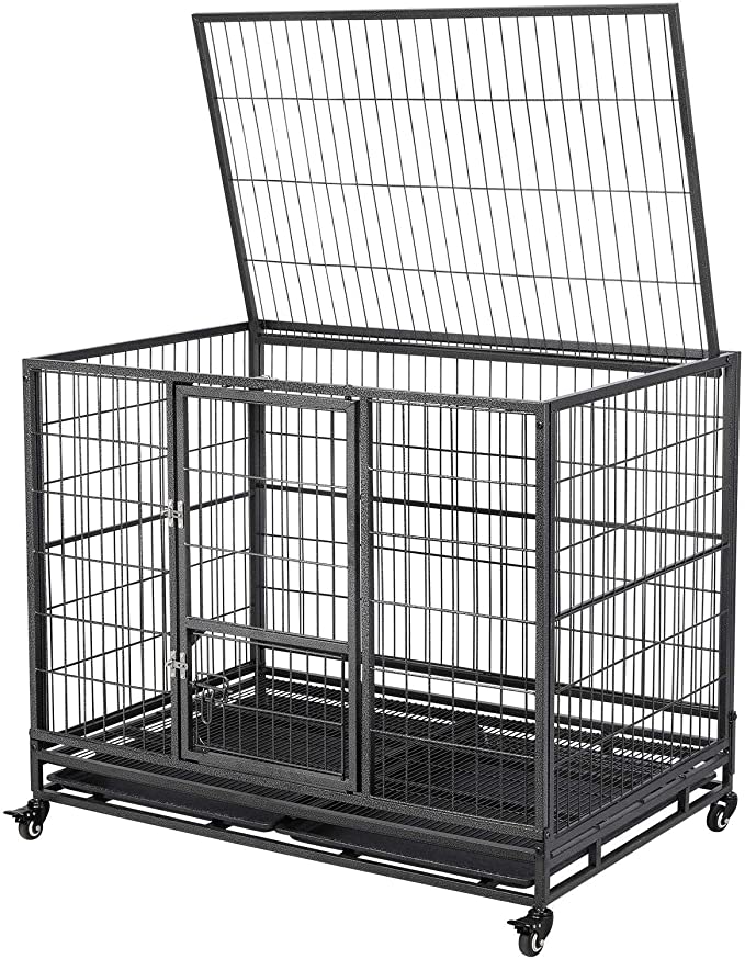 Yaheetech 43-inch Heavy Duty Metal Pet Dog Cage Crate for The House Indoor Outdoor for Small/Medium/Large Dogs w/Double Doors & Locks & Double Tray & Lockable Wheels Black