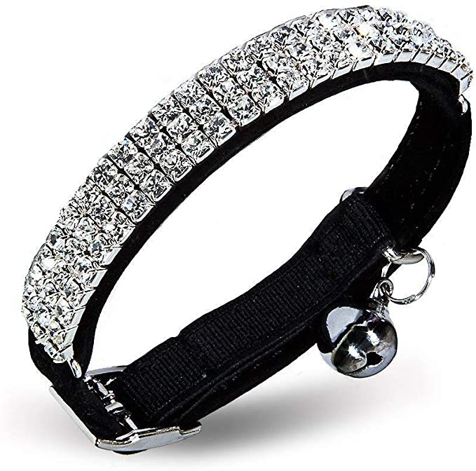 Yangbaobao Soft Velvet Safe Cat Adjustable Collar Bling Diamante with Bells,11 inch for Small Dogs and Cats