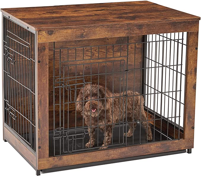 Ylovecl Wooden Dog Crate Furniture with Tray, Dog Crate Table with Soft Pad Cushion